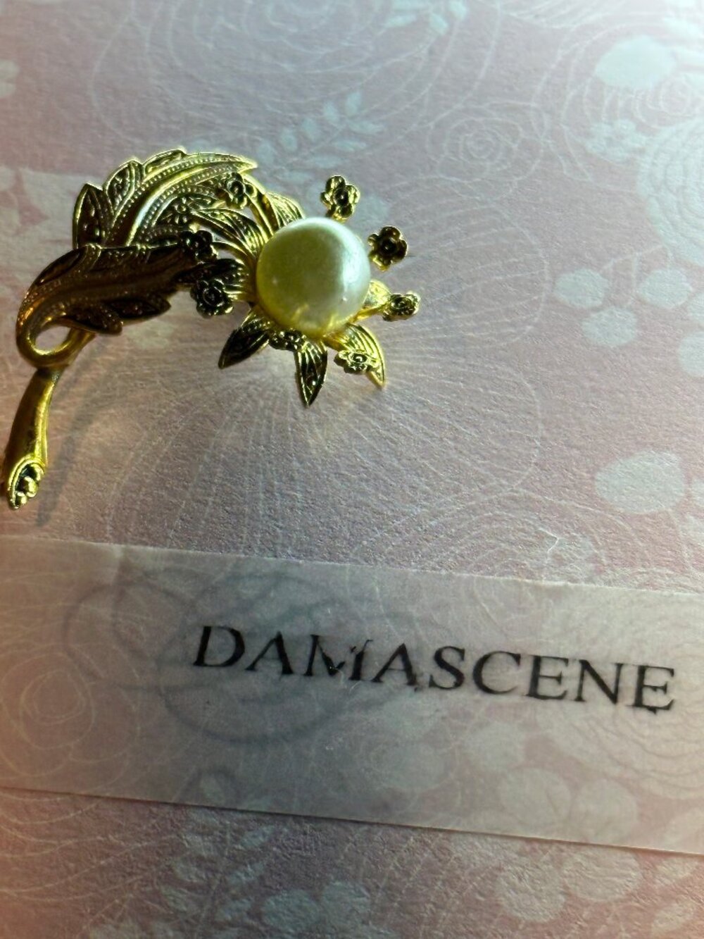 Vintage Brooch Faux Pearl Damascene 22k and 24k gold Foil and Wire Spanish